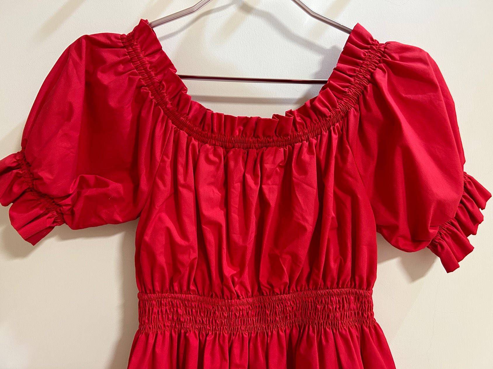 法式复古红一字肩收腰连衣裙_1