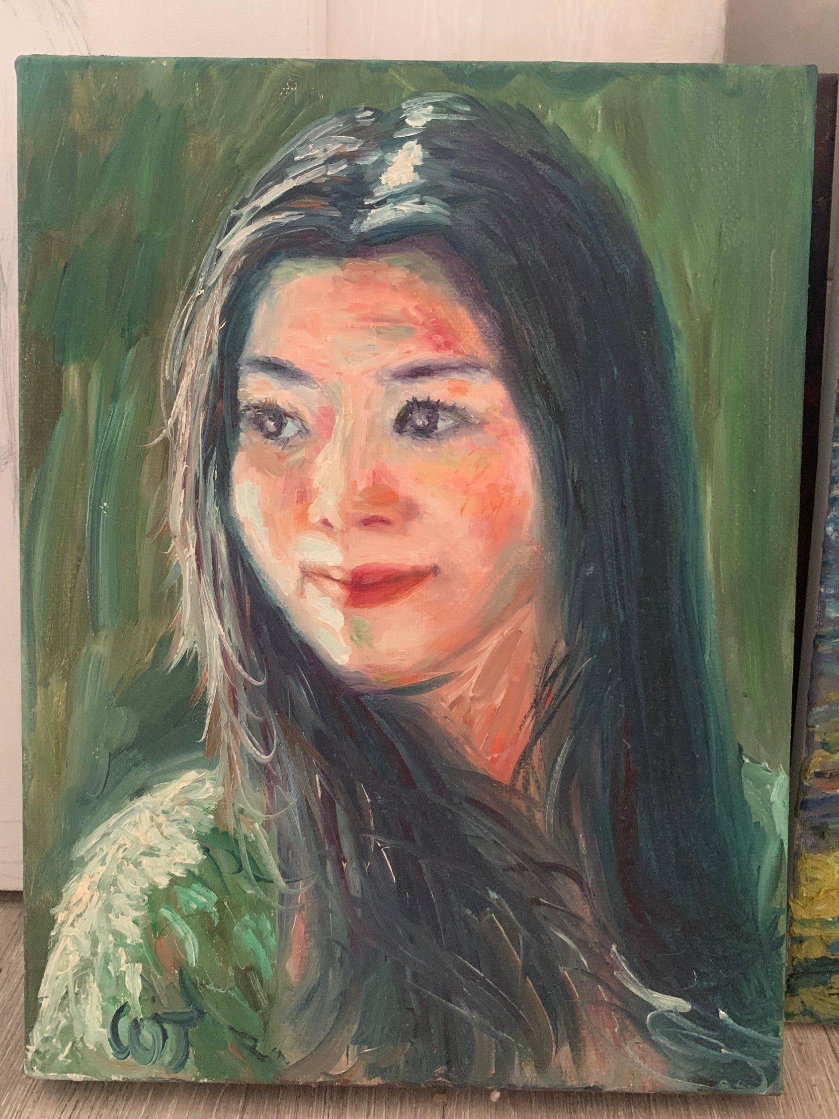 《穿绿色毛衣的女孩》 布面油画