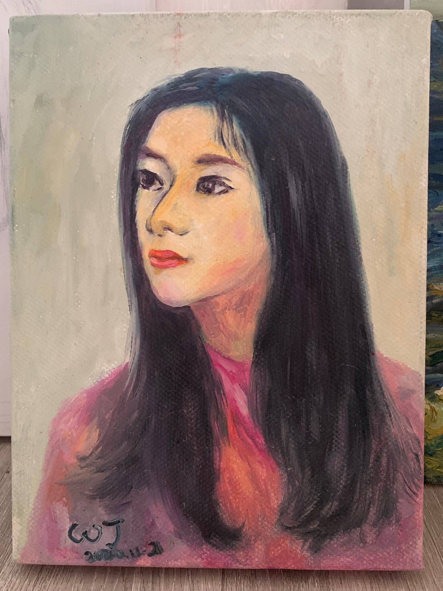 《穿红衣服的女孩》 布面油画