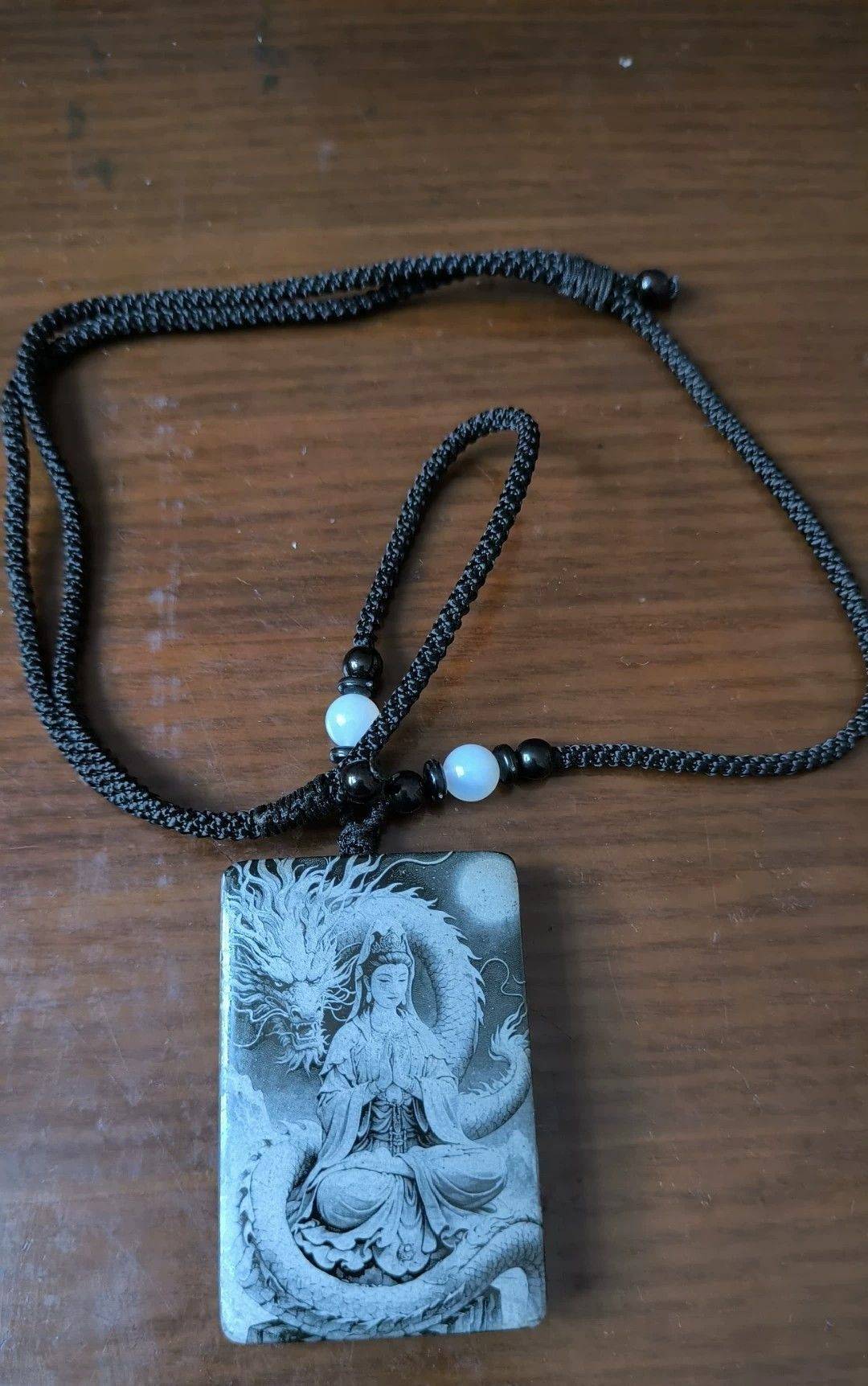 天官赐福影雕玉牌 黑青玉材质 带龙纹观音_2