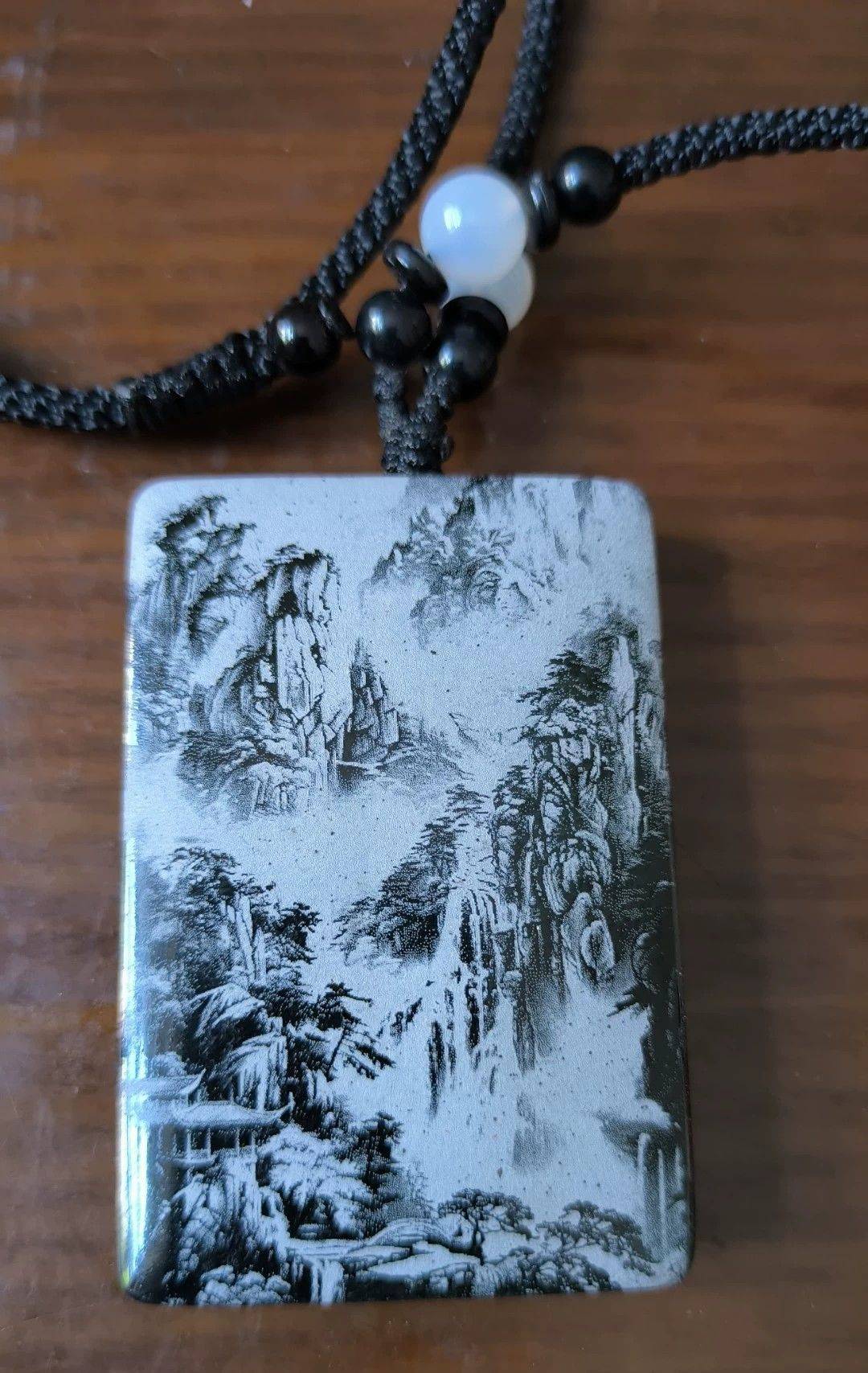 天官赐福影雕玉牌 黑青玉材质 带龙纹观音